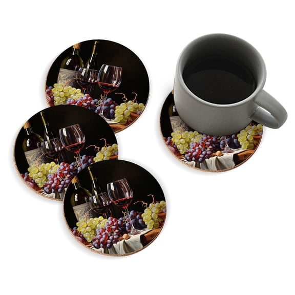 Coasters for Drinks Bar Beer,Set of 4 ,Round Wooden Housewarming Gift,Oil Painting Of Wine And Grapes