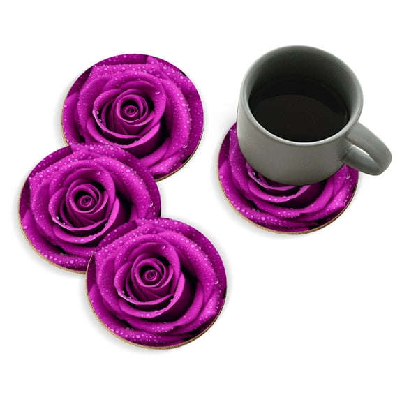 Coasters for Drinks Bar Beer,Set of 4 ,Round Wooden Housewarming Gift,Purple Rose With Dew Drops Isolated On Black Background
