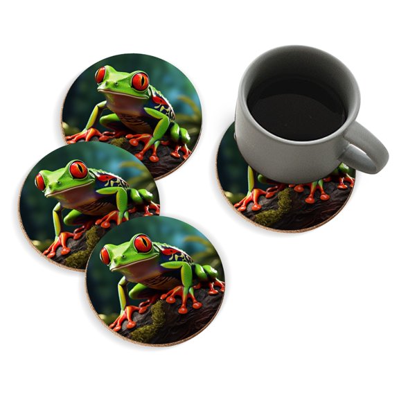 Coasters for Drinks Bar Beer,Set of 4 ,Round Wooden Housewarming Gift,Red-Eyed Tree Frog Sitting On Mossy Log In Jungle Background