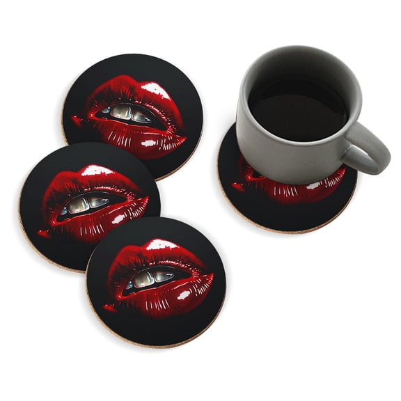 Coasters for Drinks Bar Beer,Set of 4 ,Round Wooden Housewarming Gift,Red Lips With Chrome Lipstick, On Black Background