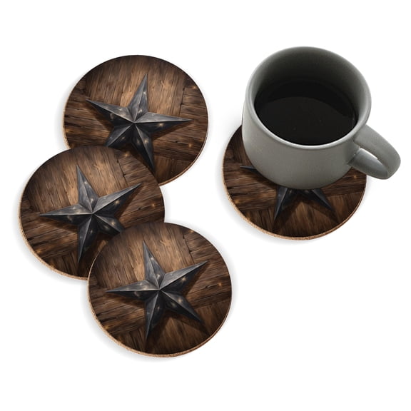 Coasters for Drinks Bar Beer,Set of 4 ,Round Wooden Housewarming Gift,Rustic Wooden Wall With Old Weathered Black Star