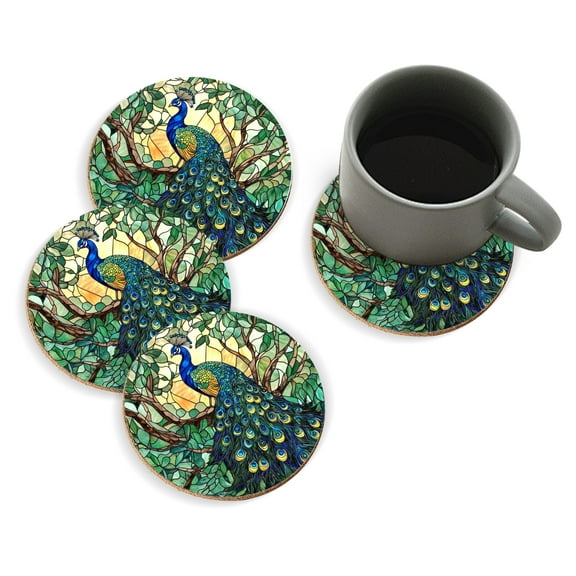 Coasters for Drinks Bar Beer,Set of 4 ,Round Wooden Housewarming Gift,Stained Glass Of Colorful Peacock In Forest