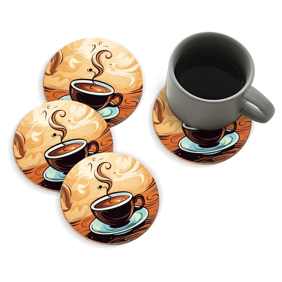 Coasters for Drinks Bar Beer,Set of 4 ,Round Wooden Housewarming Gift,Steaming Cup Of Coffee With Swirling Steam
