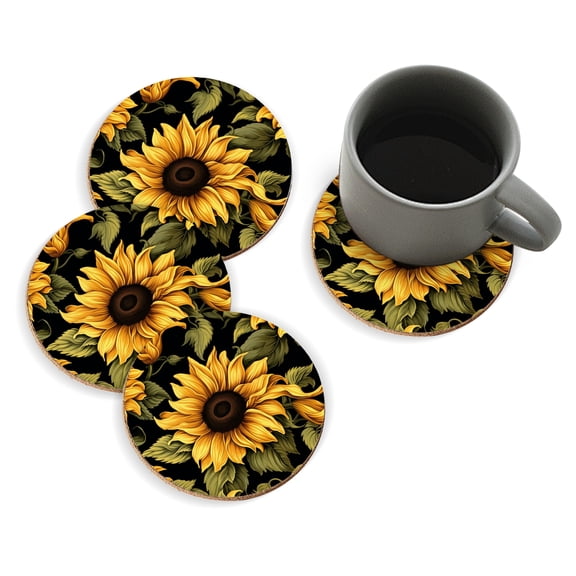 Coasters for Drinks Bar Beer,Set of 4 ,Round Wooden Housewarming Gift,Sunflowers With Leaves And Each Flower High Detail