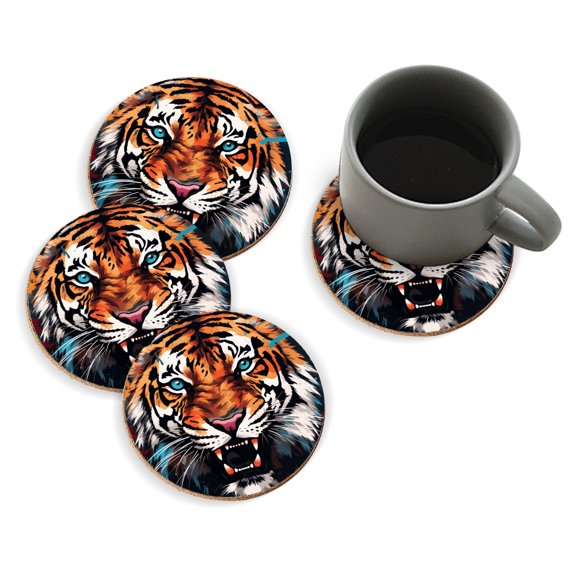 Coasters for Drinks Bar Beer,Set of 4 ,Round Wooden Housewarming Gift,Tiger In The Style Of Graffiti-Inspired
