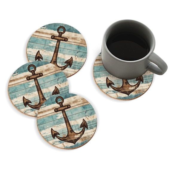 Coasters for Drinks Bar Beer,Set of 4 ,Round Wooden Housewarming Gift,Vintage Anchor On Wooden Background