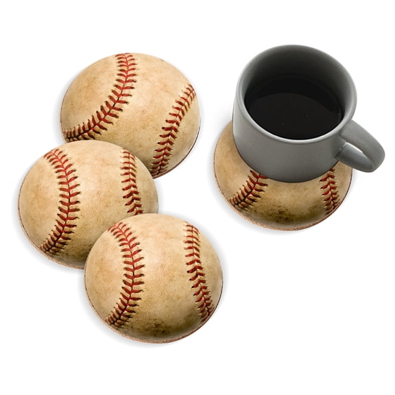 Coasters for Drinks Bar Beer,Set of 4 ,Round Wooden Housewarming Gift,Well-Worn Baseball