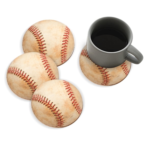 Coasters for Drinks Bar Beer,Set of 4 ,Round Wooden Housewarming Gift,White Baseball With Red Stitching