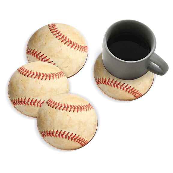 Coasters for Drinks Bar Beer,Set of 4 ,Round Wooden Housewarming Gift,White With Red Stitching Baseball
