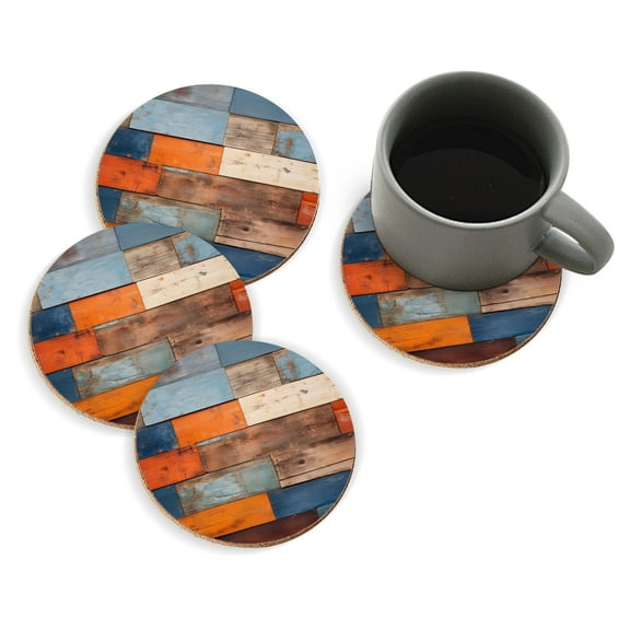 Coasters for Drinks Bar Beer,Set of 4 ,Round Wooden Housewarming Gift,Wooden Wall With Different Blue And Orange Wood Planks