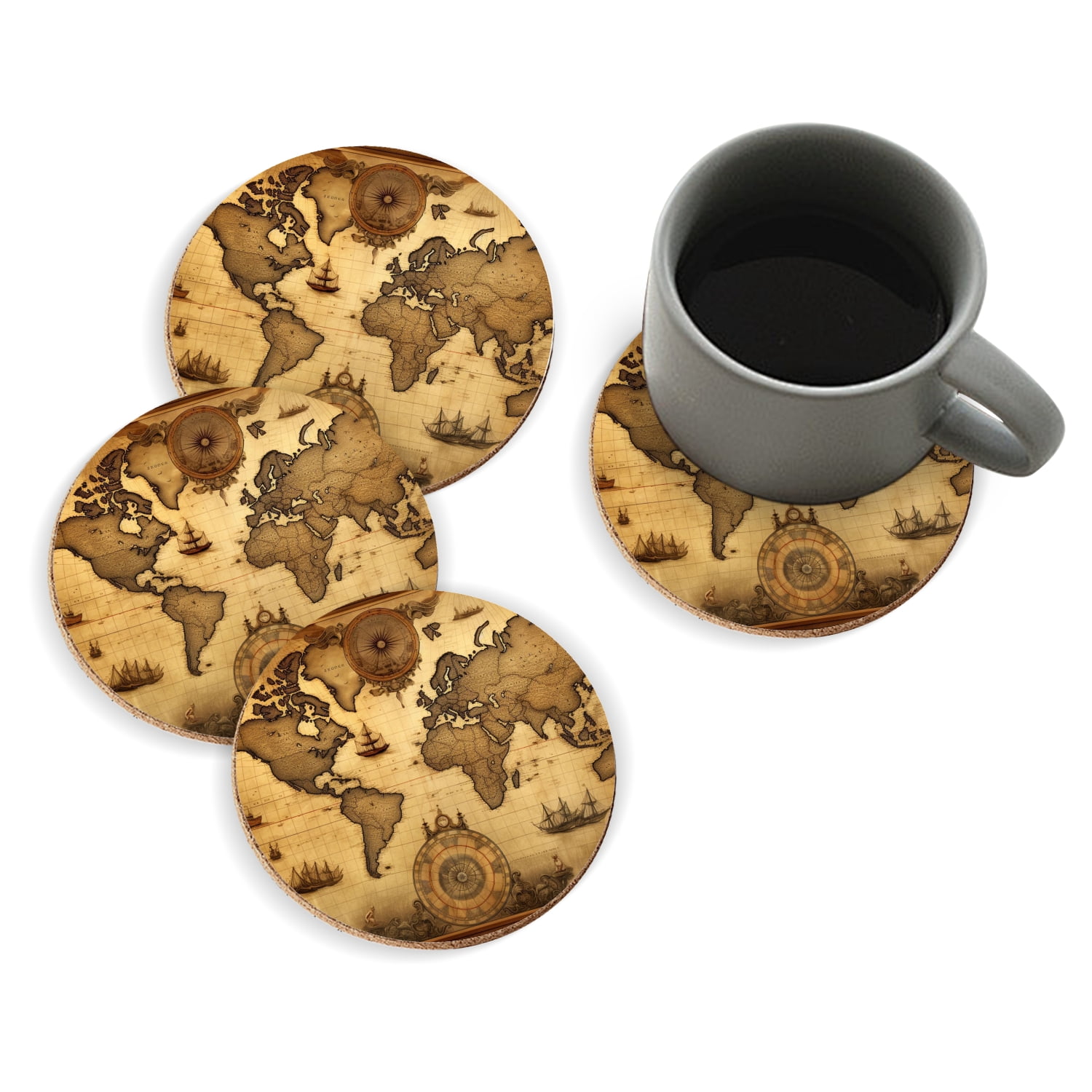 Round Map Coaster Coasters for Drinks Bar Beer,Set of 4 ,Round Wooden Housewarming Gift ...