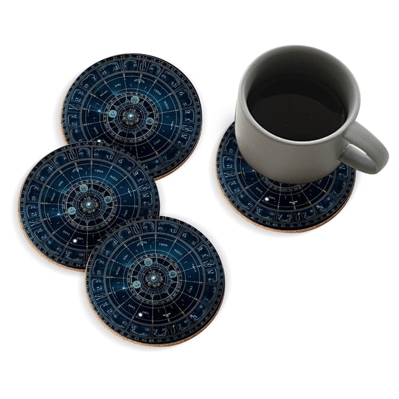 Coasters for Drinks Bar Beer,Set of 4 ,Round Wooden Housewarming Gift,Zodiac Signs On The Background Of Space With Stars And Galaxies