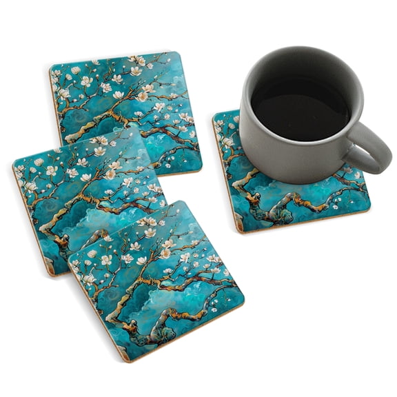 Coasters for Drinks Bar Beer,Set of 4 ,Square Wooden Housewarming Gift,Almond Tree In Bloom With White Blossoms