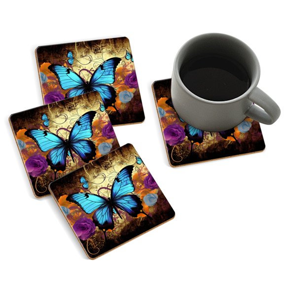 Coasters for Drinks Bar Beer,Set of 4 ,Square Wooden Housewarming Gift,Blue Butterfly With Purple Roses