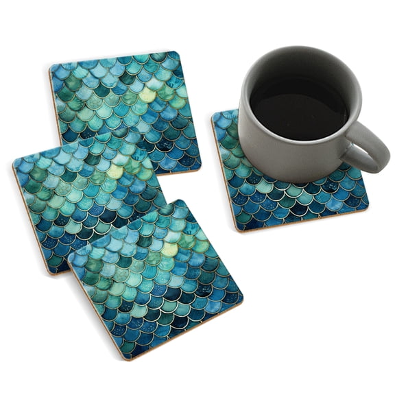 Coasters for Drinks Bar Beer,Set of 4 ,Square Wooden Housewarming Gift,Colorful Fish Scale Pattern