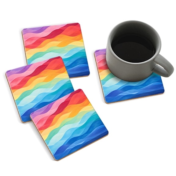 Coasters for Drinks Bar Beer,Set of 4 ,Square Wooden Housewarming Gift,Colorful Wavy Pattern With Rainbow Of Colors