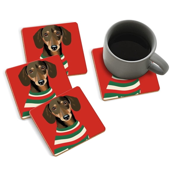 Coasters for Drinks Bar Beer,Set of 4 ,Square Wooden Housewarming Gift,Cute Dachshund Wearing Christmas Sweater