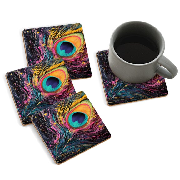 Coasters for Drinks Bar Beer,Set of 4 ,Square Wooden Housewarming Gift,Elegant Peacock Feather With Vibrant Colors And Intricate Patterns