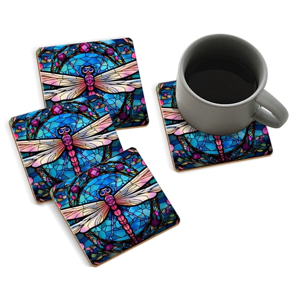 Coasters for Drinks Bar Beer,Set of 4 ,Square Wooden Housewarming Gift,Stained Glass Of Pink Dragonfly With Flowers In The Background