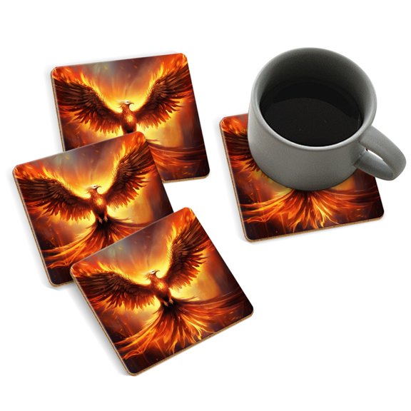 Coasters for Drinks Bar Beer,Set of 4 ,Square Wooden Housewarming Gift,The Phoenix Rose From The Ashes