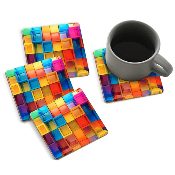 Coasters for Drinks Bar Beer,Set of 4 ,Square Wooden Housewarming Gift,Vibrant Color Blocks Arranged Neatly Together