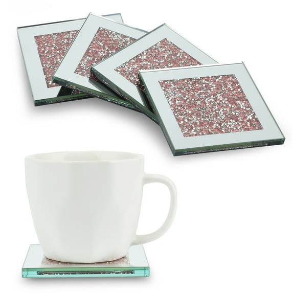 Coasters for Drinks Coffee Tea Cup Pads Table Mat with Coaster Holder for Home,Office,Kitchen,Bar,Bling Crystal Luxury Handmade Diamond (Square Pink)
