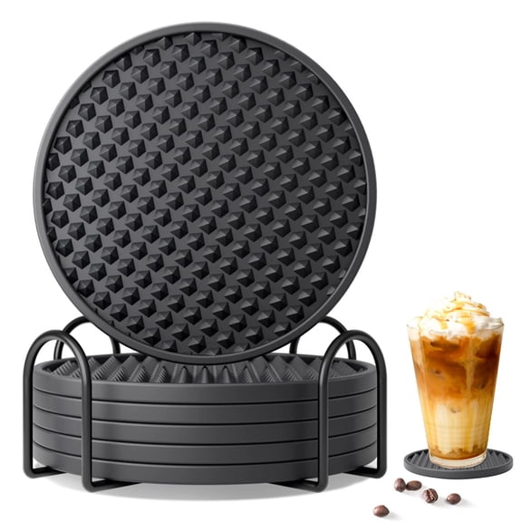 Coasters for Drinks Set of 6 with Holder, Silicone Coasters Tabletop Protection for Any Table Type, Dishwasher Safe (Black)
