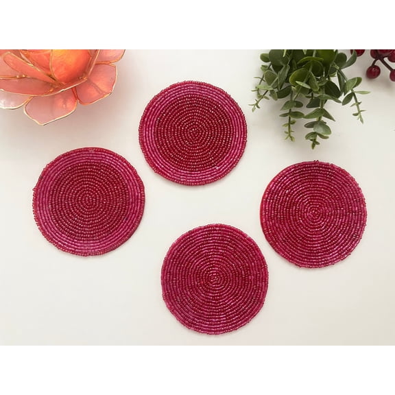 Coasters set of 6, drink coasters, pinkish red beaded coasters, gift for her, housewarming gift