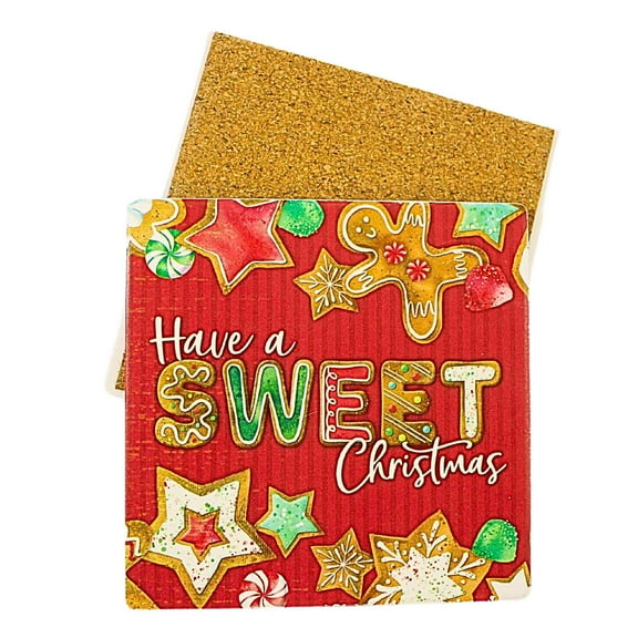 Coasterstone 4.25In Have A Sweet Christmas Coaster, Sandstone, Gingerbread Men Star Cookies Peppermint Sq231297
