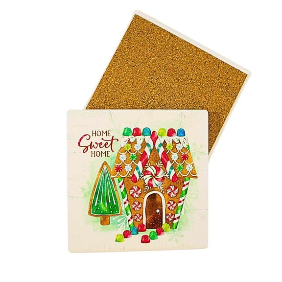 Coasterstone 4.25In Home Sweet Gingerbread Home Coaster, Sandstone, Gum Drops Peppermint Candy Sq231289