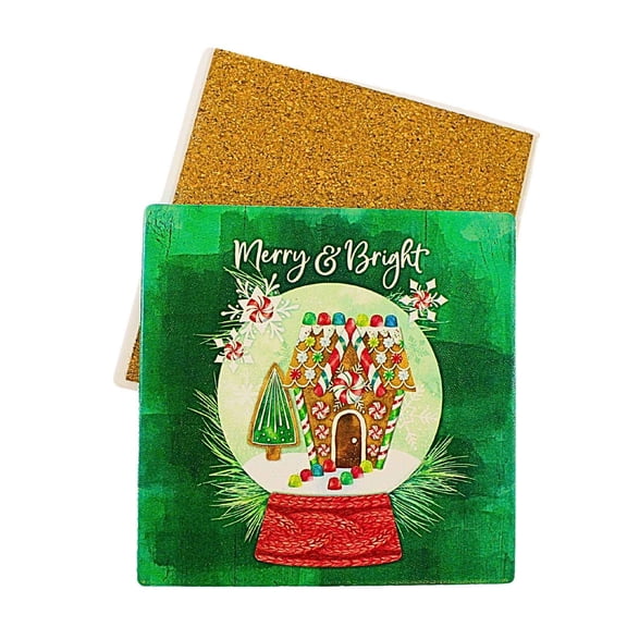 Coasterstone 4.25In Merry & Bright Snowglobe Coaster, Sandstone, Gingerbread Tree Snowflakes Sq231298