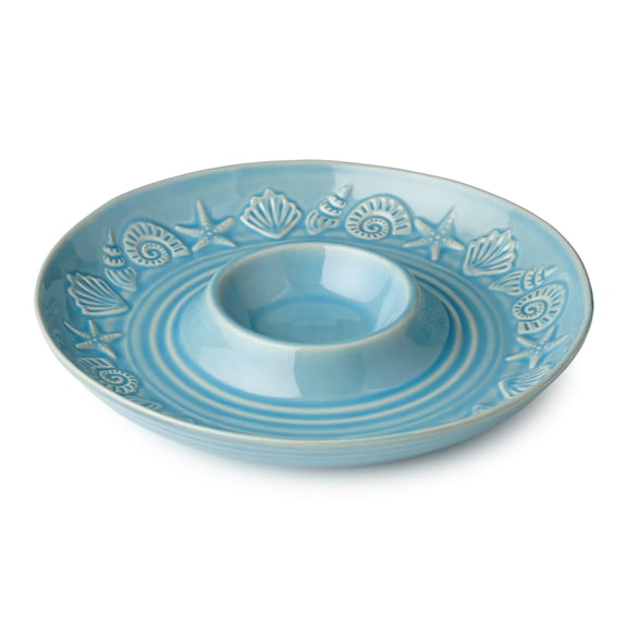 Coastline Blue Stoneware CHIP N DIP SERVER 13.5 Inches, embossed coastal shell and starfish server with glossy sea-blue glaze
