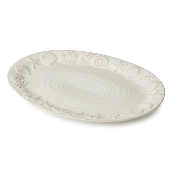 Coastline Cream Stoneware OVAL PLATTER 16 x 12 Inches, embossed coastal shell and starfish design with glossy glaze, durable beach house serveware for relaxed coastal entertaining