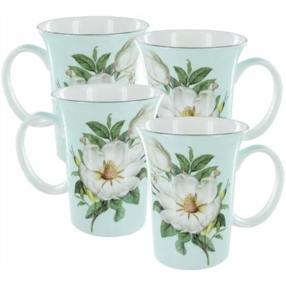 Coastline Imports Blue Magnolia Bone China Trumpet Mug Set Of 4$$Home Decor, Kitchen, & Other