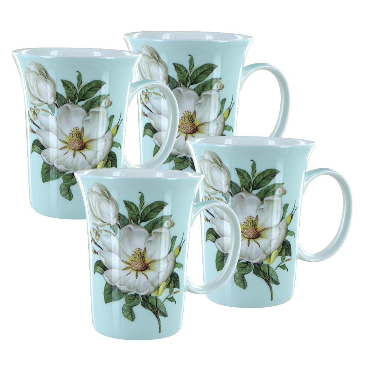 Coastline Imports Blue Magnolia Bone China Trumpet Mugs - Set Of 4, 11 Ounce Capacity