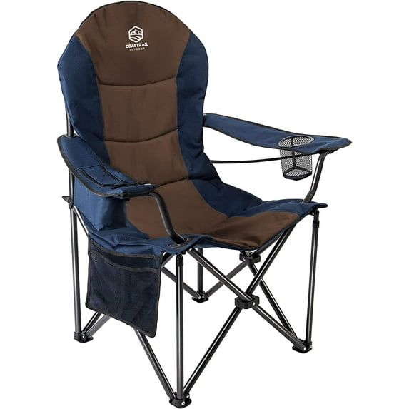 Coastrail Outdoor Camping Chair Oversized Padded Folding Quad Arm Chairs with Lumbar Back Support, Cooler Bag, Cup Holder & Side Pocket, Extra Head Pocket, Supports 400 lbs,Black