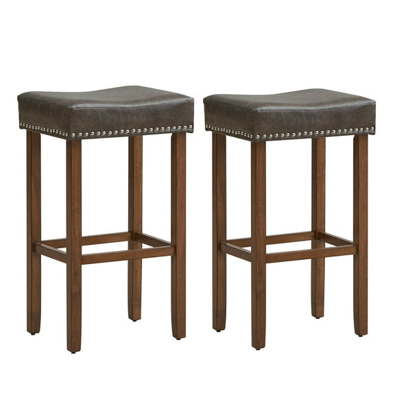 Costway 29.5" Wood Frame PU Leather Upholstered Bar Stools Set of 2 with Footrests Grey