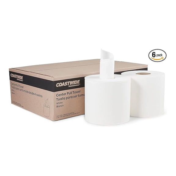 Coastwide Professional 2-Ply Paper Towels, Center-Pull, 1-Sheet Dispensing, Recycled, 660-Sheets Per Roll, 6-Pack, White