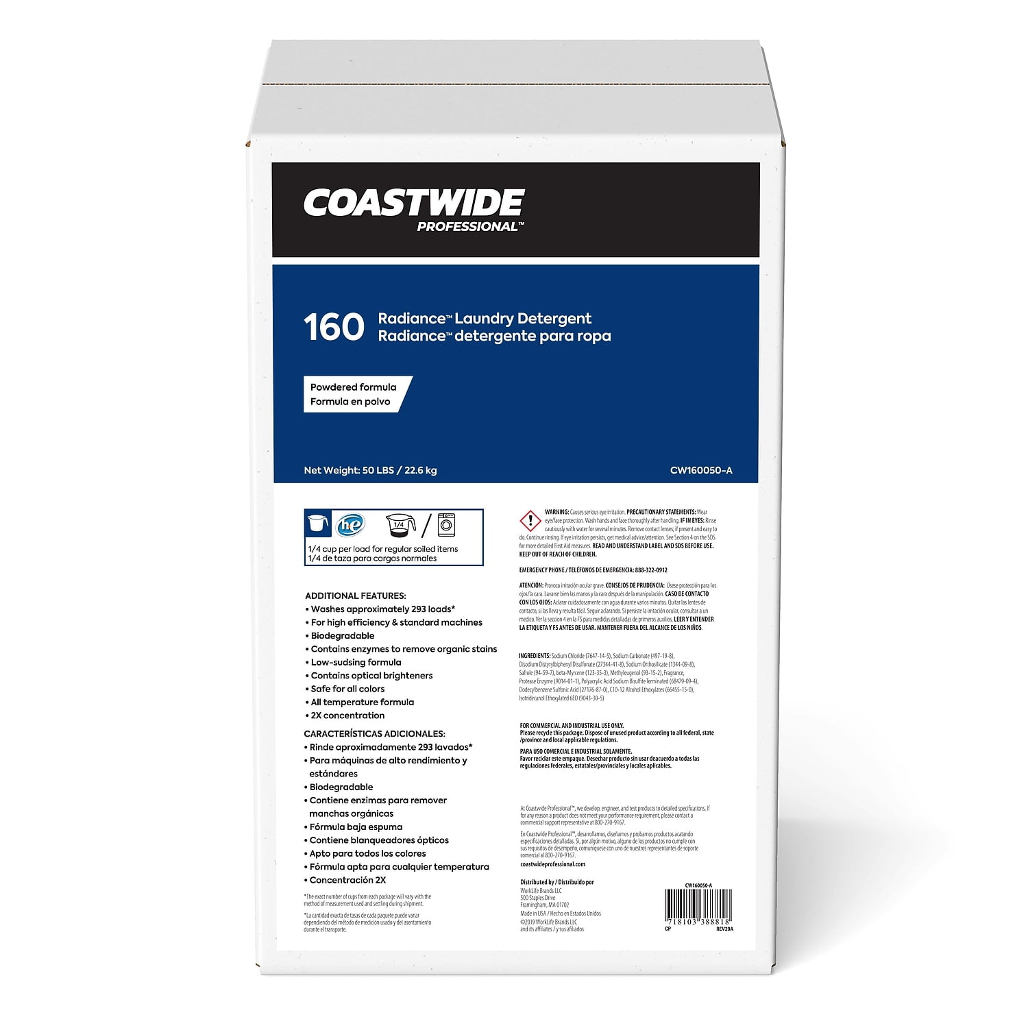Staples Coastwide Professional Radiance Powder Laundry Detergent 293 Loads 800 oz.  50 lbs. 2/Pack