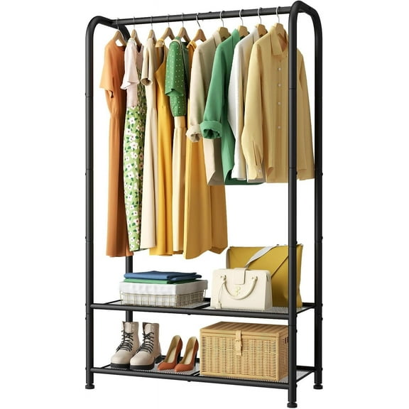 Coat Clothes Storage Organizer Garmen Rack Portable Closet Clothing Racks for Hanging Clothes Heavy Duty Freestanding Wardrobe Laundry with Shelves Black 11.5" D x 32" W x 72" H