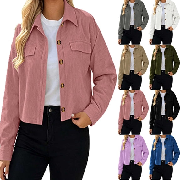 Coat Dqueduo Women's Solid Corduroy Cropped Shacket Jacket – Button-Down Long Sleeve Casual Coat Pink XXL