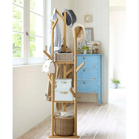 Coat Hanger Freestanding Hall Tree with Storage Shelves Solid Wood Weighted Base