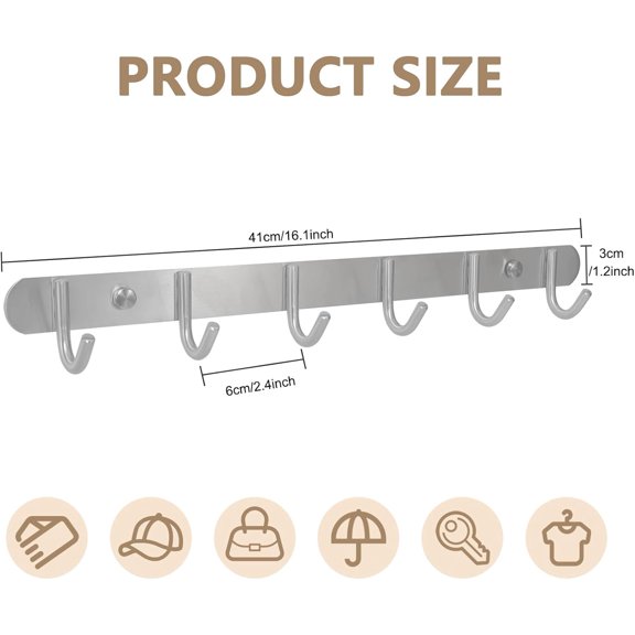 Coat Hook Rack Wall Mounted - Towel Hook Rail with 6 Round Hooks/16-inch/304Stainless Steel Brushed Nickel/Super Easy Installation/Rust and Water Proof/Perfect Home Storage & Organization
