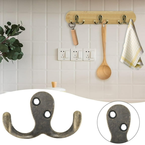 Coat Hooks, 1 Pc Heavy Duty Double Prong Coat Hooks, Metal Three Prongs Large Coat Hooks Wall Mounted, No Rust Antique Brass Rustic Wall Hooks for Hanging Towel, Coat, Scarf, Bag, Hat, Cup, Key