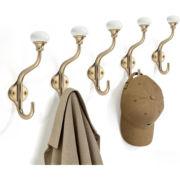 Coat Hooks - 5 Pack Champagne Bronze Towel Hooks Robe Hooks Decorative Wall Hooks for Bathroom Bedroom Kitchen Towel Robe Clothes Cabinet Closet Bathroom Hardware