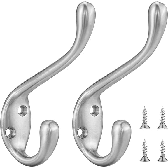 Coat Hooks 5 Pack - Heavy Duty Wall Mounted Brushed Nickel Door Hooks Double Prong Hooks for Hanging Clothes/Towels - Sturdiness Design with Better Mounting System