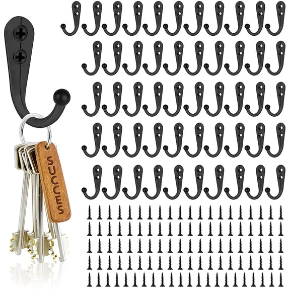 Coat Hooks-52 Pack Farmhouse Hooks with 104Pcs Screws, Black Decorative Rustic Coat Hooks Rack, Wall Mounted Single Prong Robe Hook, Vintage Organizer Hanging Wire Hook Clothes Hanger