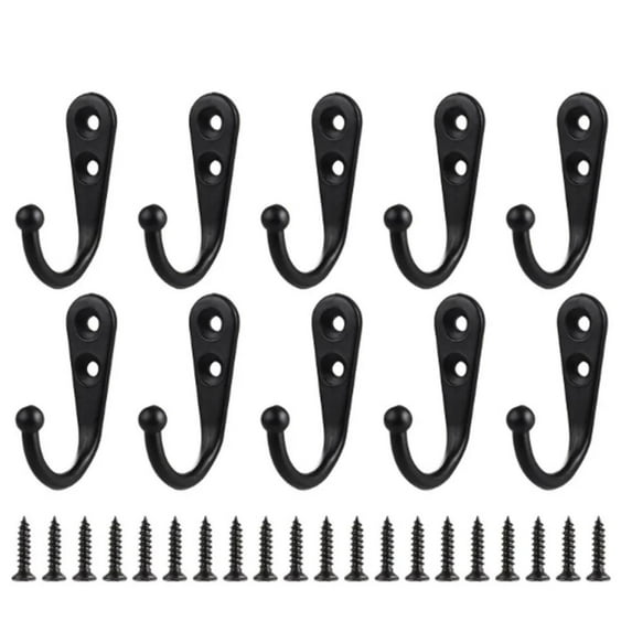 Coat Hooks Black, 10 Pack Jacket Hooks Wall Mounted Stainless Steel Single Robes Hook Heavy Duty, Large Metal Hook for Entryway Kitchen Bedroom Bathroom Office Toilet, 1.2x1.7"