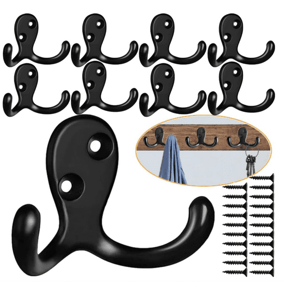 Coat Hooks Hardware, 10Pcs Wall Hooks Heavy Duty Hooks for Hanging Coats No Rust Double Robe Hook Wall Mounted for Key Towel Bags Cup Hat (Black)