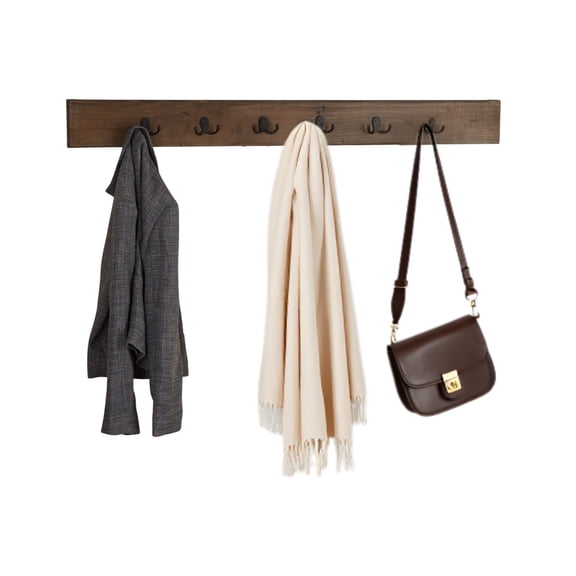 Coat Hooks – Rustic Brown Solid Wood Wall-Mounted Entryway Rack With 6 Black Metal Hooks